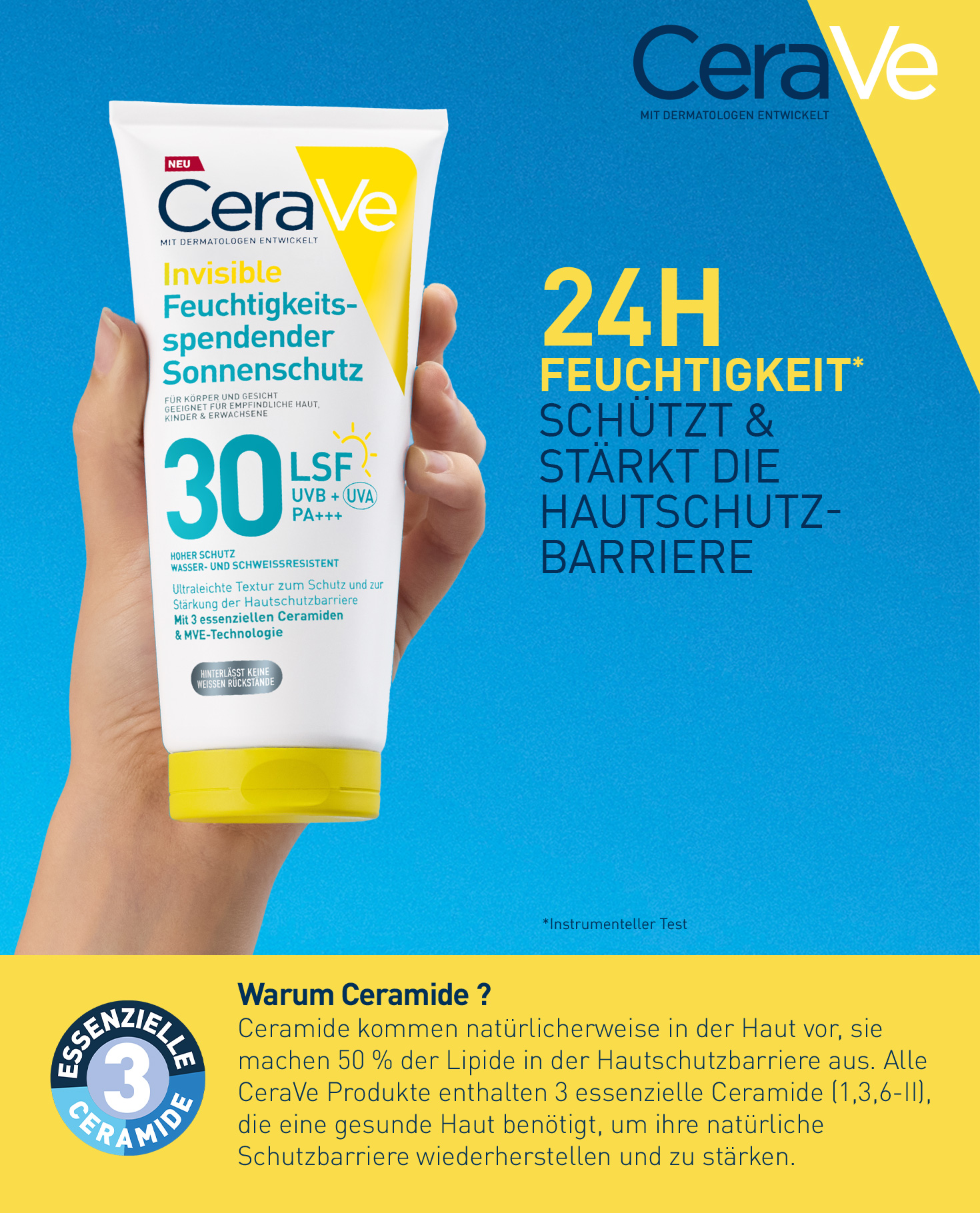 CeraVe Invisible Feuchtigkeitsp. Sonnenschutz LSF 30-Tube. 24h Feuchtigkeit. Schützt & stärkt die Hautschutzbarriere. Gelb-weiße Tube.